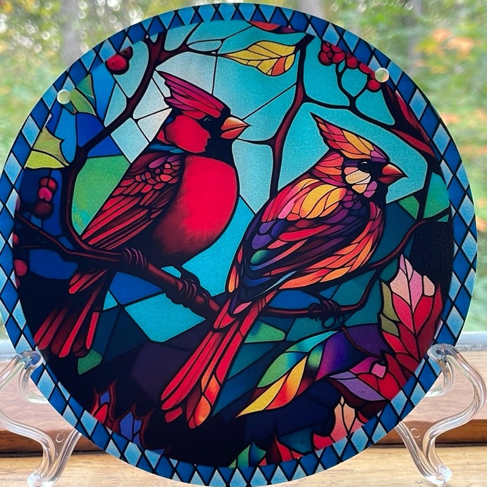 Suncatcher Acrylic Cardinal Birds Faux Stained Glass Decorative Blue Design Gift